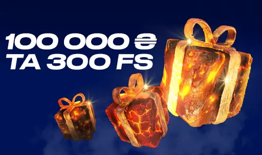 Бонусна пропозиція Vulkan Casino Промобанер Vulkan Casino з подарунками та пропозицією бонусу 100 000 ₴ і 300 безкоштовних обертань